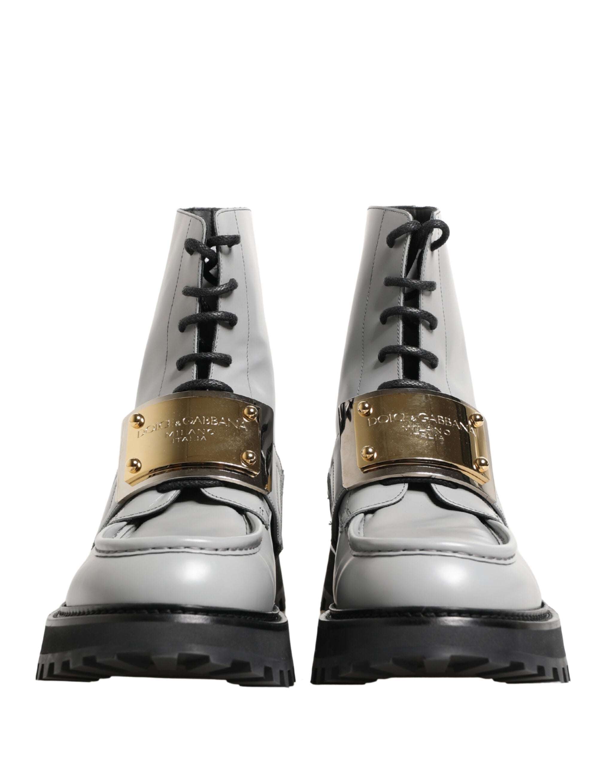 Dolce & Gabbana Gray Leather Logo Plaque Ankle Boots Shoes