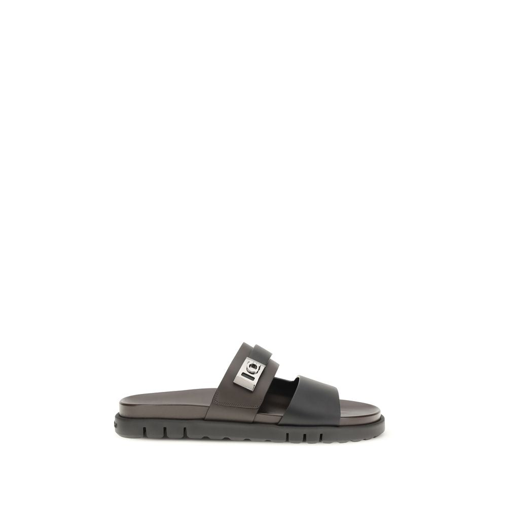 Ferragamo Black Calf Leather Bos Taurus Sandals