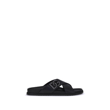 Dolce & Gabbana Black Calf Leather Bos Taurus Flat Sandals