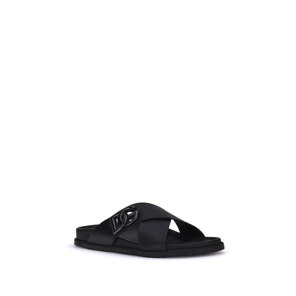 Dolce & Gabbana Black Calf Leather Bos Taurus Flat Sandals
