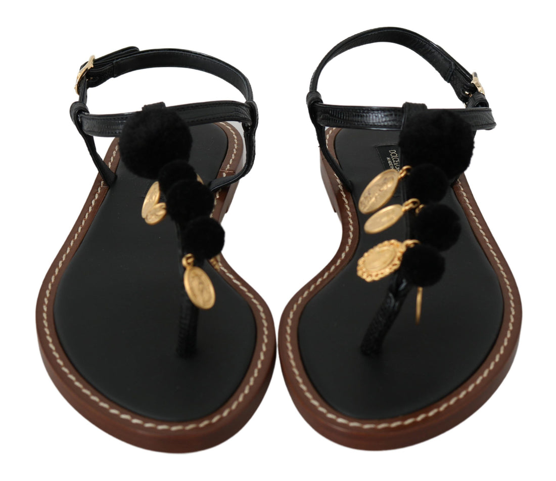 Dolce &amp; Gabbana Black Leather Coins Flip Flops Sandals Shoes