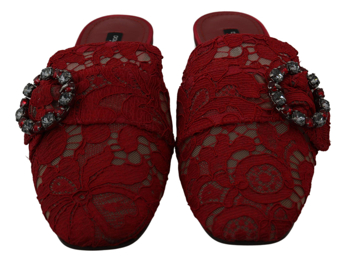 Dolce &amp; Gabbana Red Lace Crystal Slide On Flats Shoes