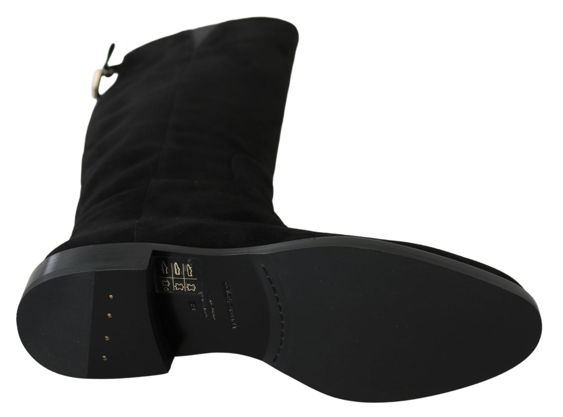 Dolce &amp; Gabbana Black Suede Knee High Flat Boots Shoes