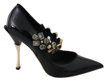Dolce & Gabbana Black Leather Crystal Shoes Mary Jane Pumps