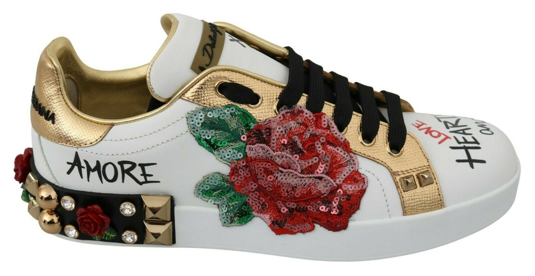 Dolce &amp; Gabbana White Roses Sequined Crystal Women's Sneakers Shoes