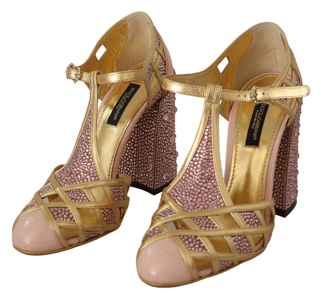 Dolce &amp; Gabbana Pink Gold Leather Crystal Pumps T-strap Shoes