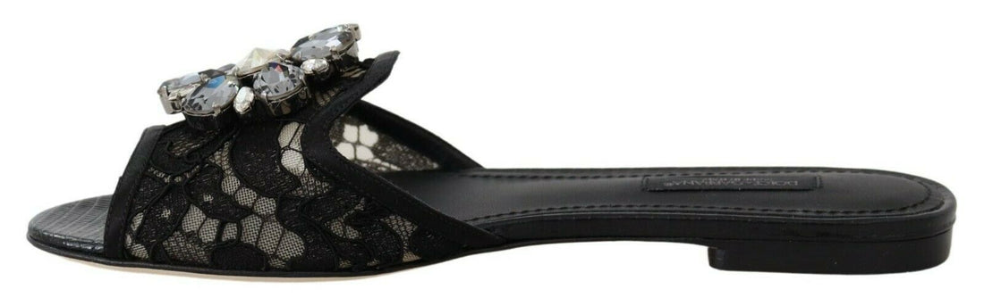 Dolce &amp; Gabbana Black Taormina Lace Slides Crystals Flats Shoes