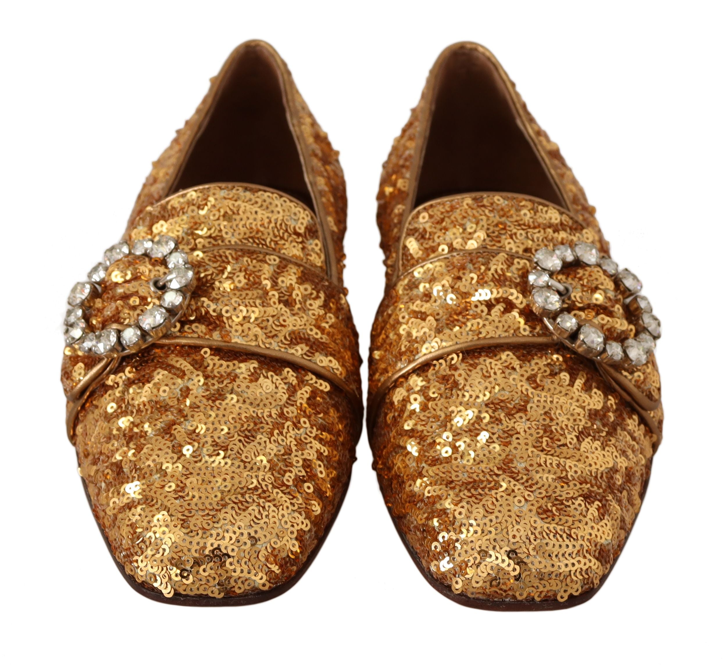 Dolce &amp; Gabbana Gold Sequin Crystal Flat Women Loafers Shoes