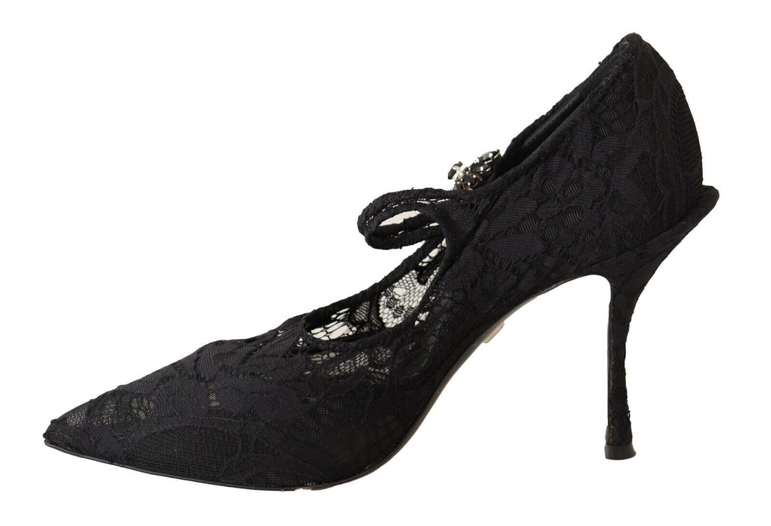 Dolce &amp; Gabbana Black Lace Crystals Heels Mary Jane Pumps Shoes
