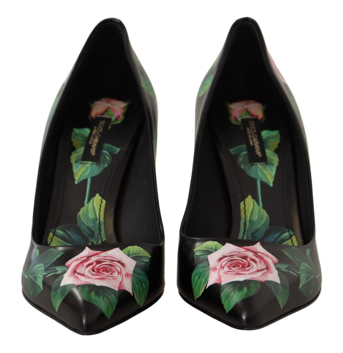 Dolce &amp; Gabbana Black Leather Roses High Heels Pumps Shoes