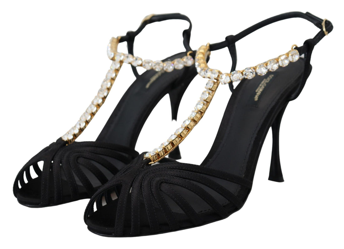 Dolce &amp; Gabbana Black Satin Clear Crystal T-strap Sandal Shoes