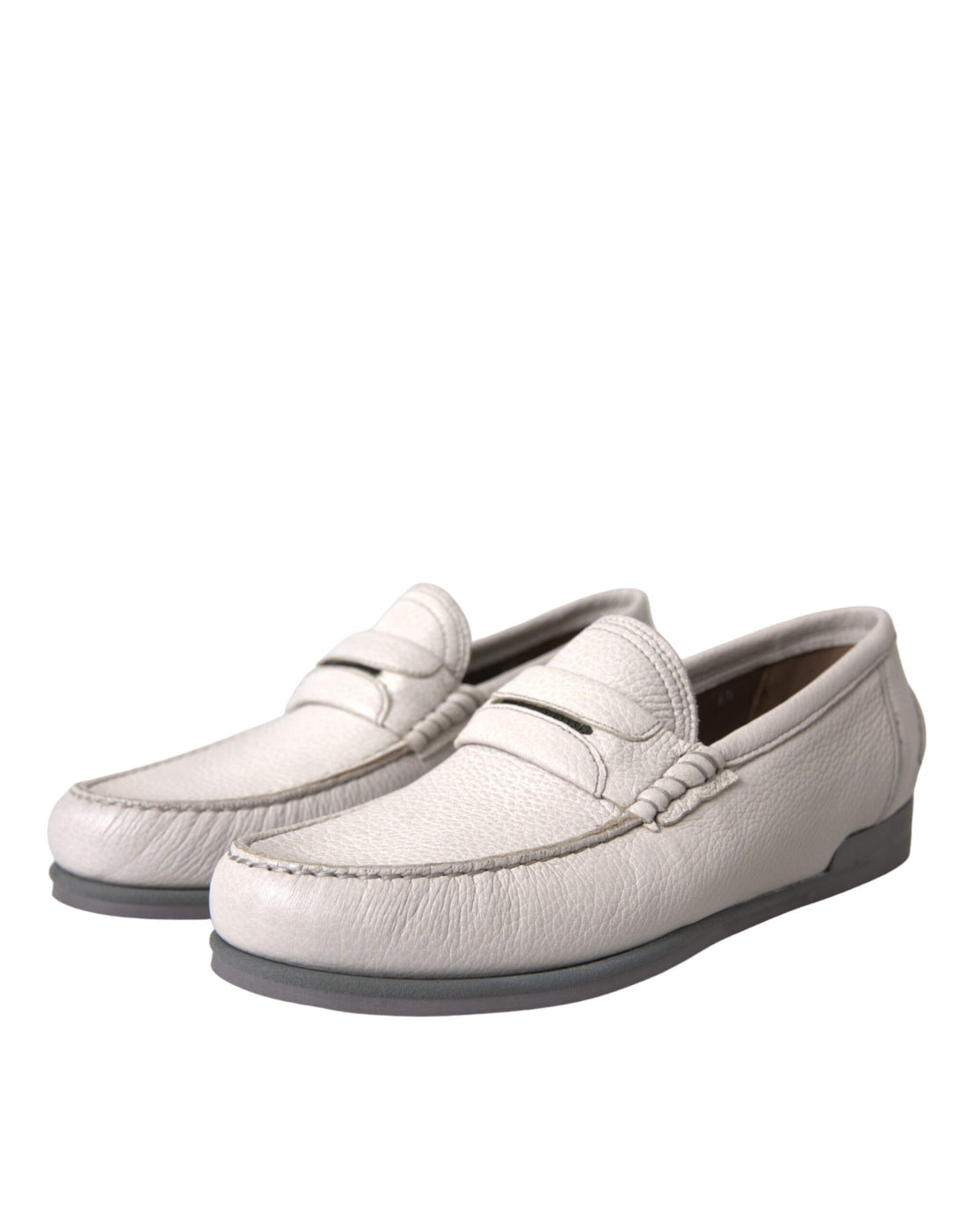 Dolce &amp; Gabbana White Gray Leather Slip Moccasin Shoes Loafer