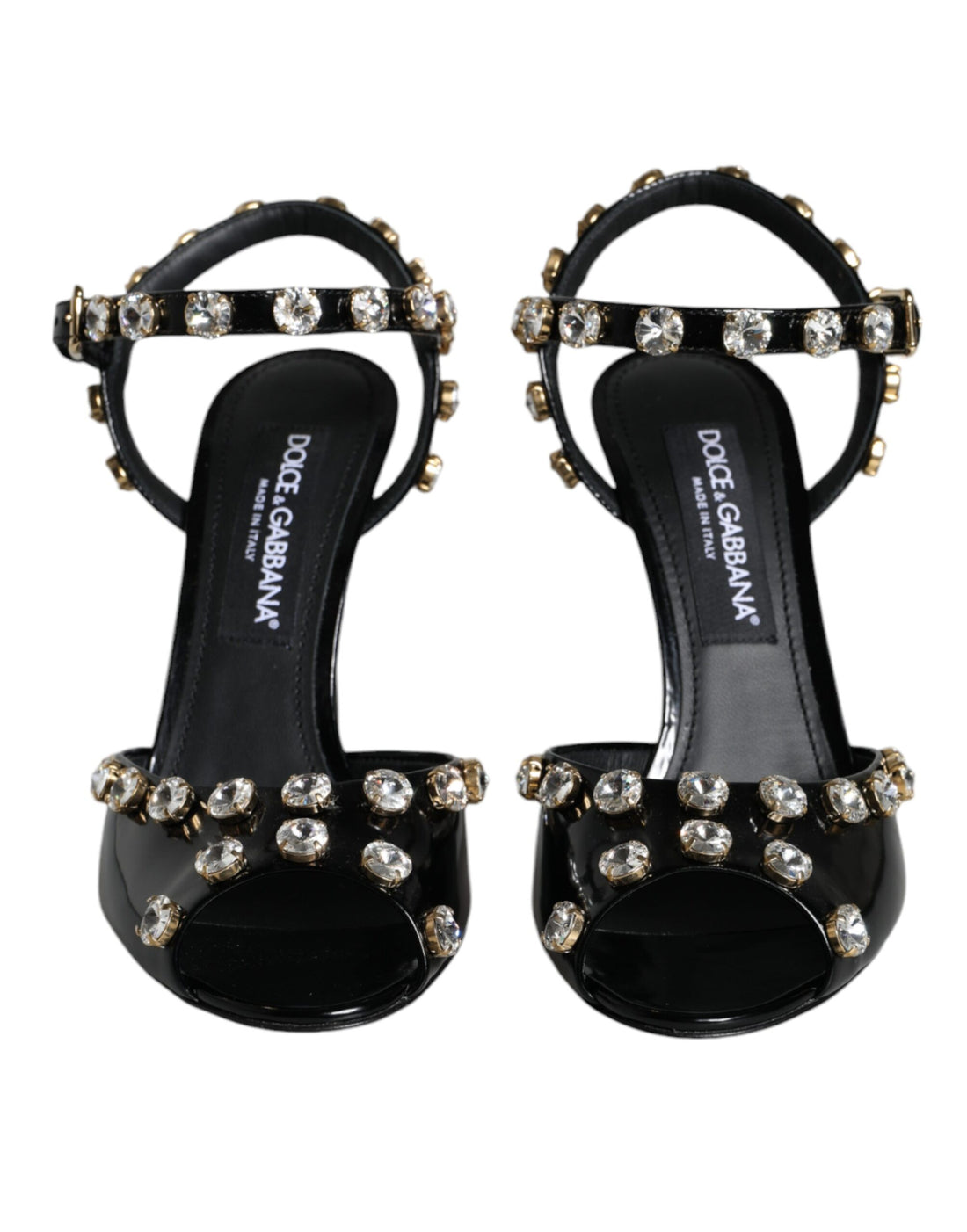 Dolce &amp; Gabbana Black Leather Crystal Ankle Strap Sandals Shoes