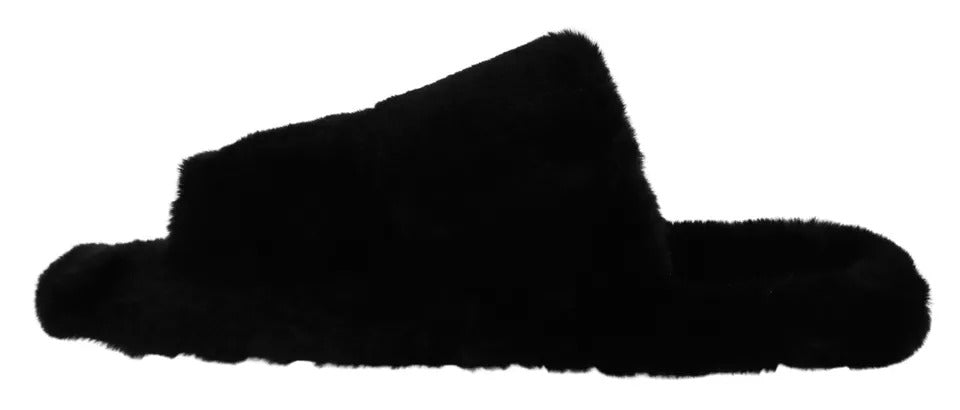 Dolce &amp; Gabbana Black Polyester Faux Fur Mens Flats Sandals Shoes