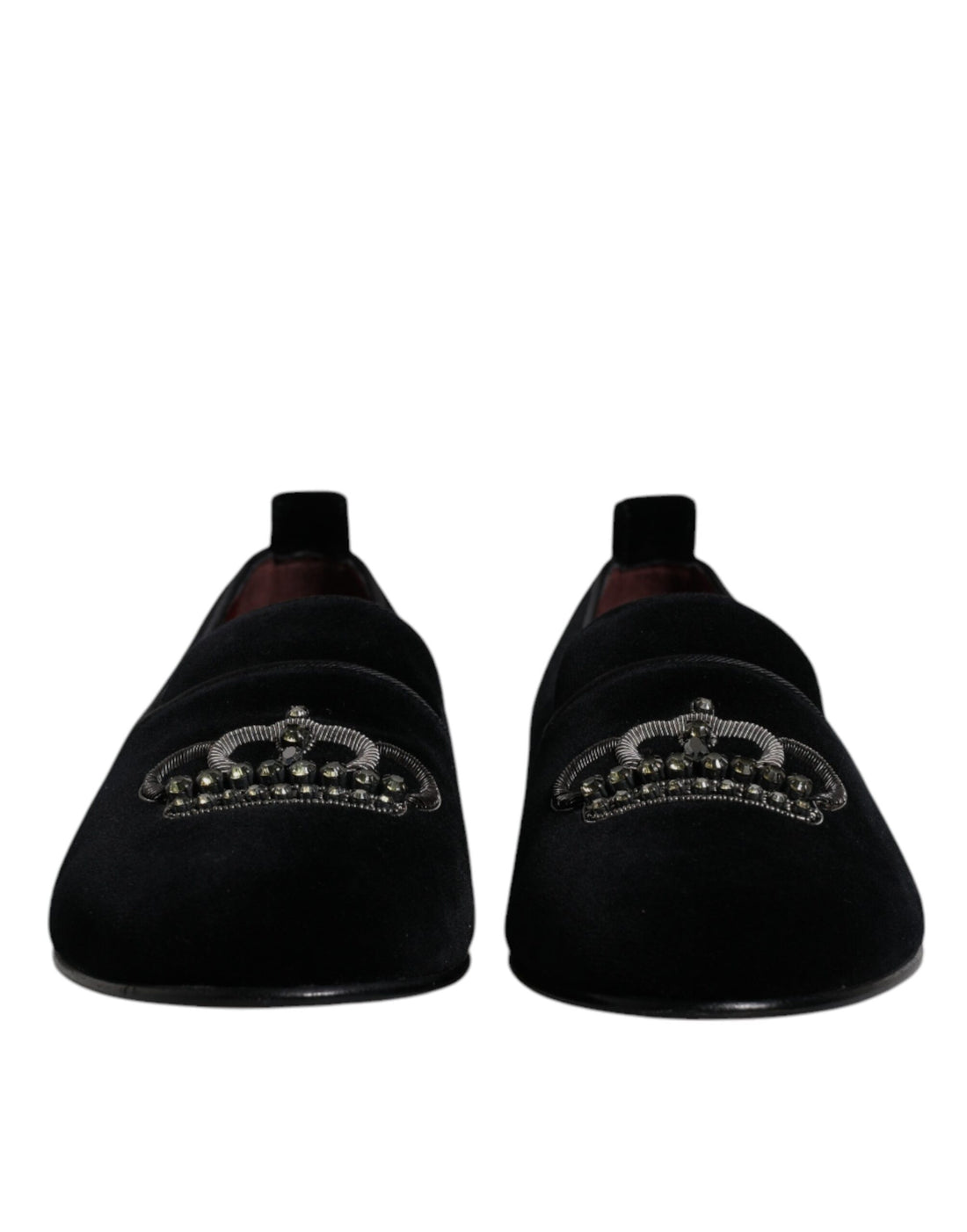 Dolce &amp; Gabbana Black Velvet Crystal Crown Loafers Formal Dress Shoes