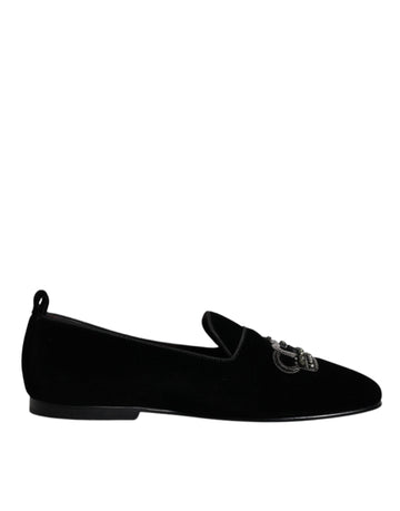 Dolce &amp; Gabbana Black Velvet Crystal Crown Loafers Formal Dress Shoes