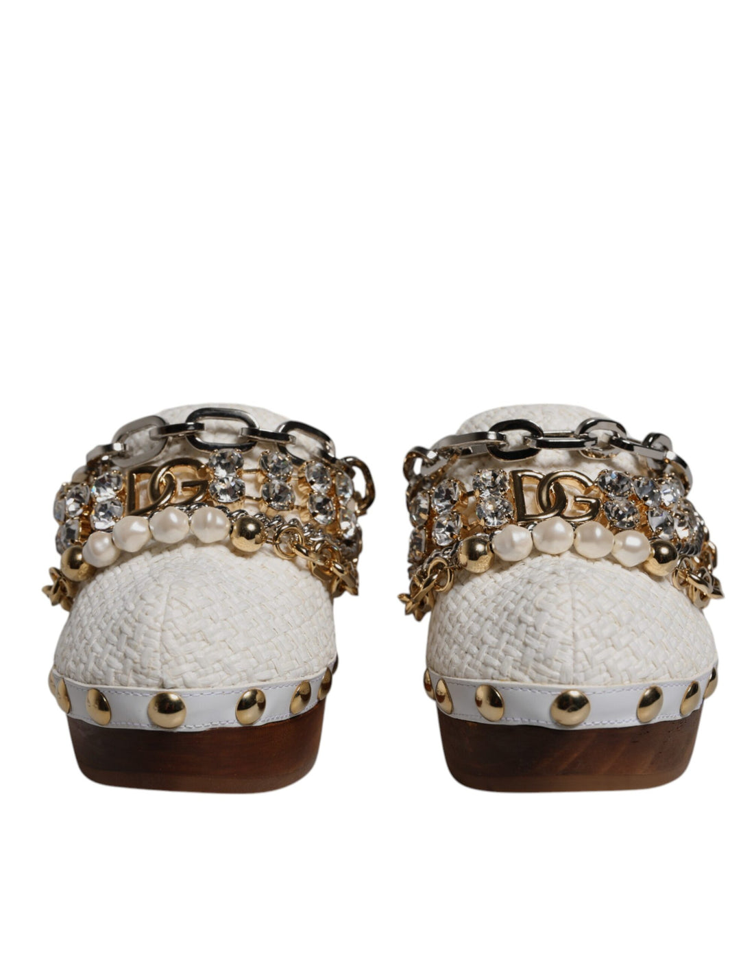 Dolce &amp; Gabbana White Raffia Clogs Bejeweled Chain Sandals Shoes