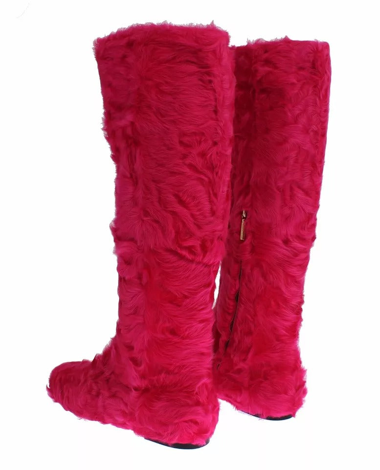 Dolce &amp; Gabbana Pink Lamb Fur Leather Flat Boots Shoes