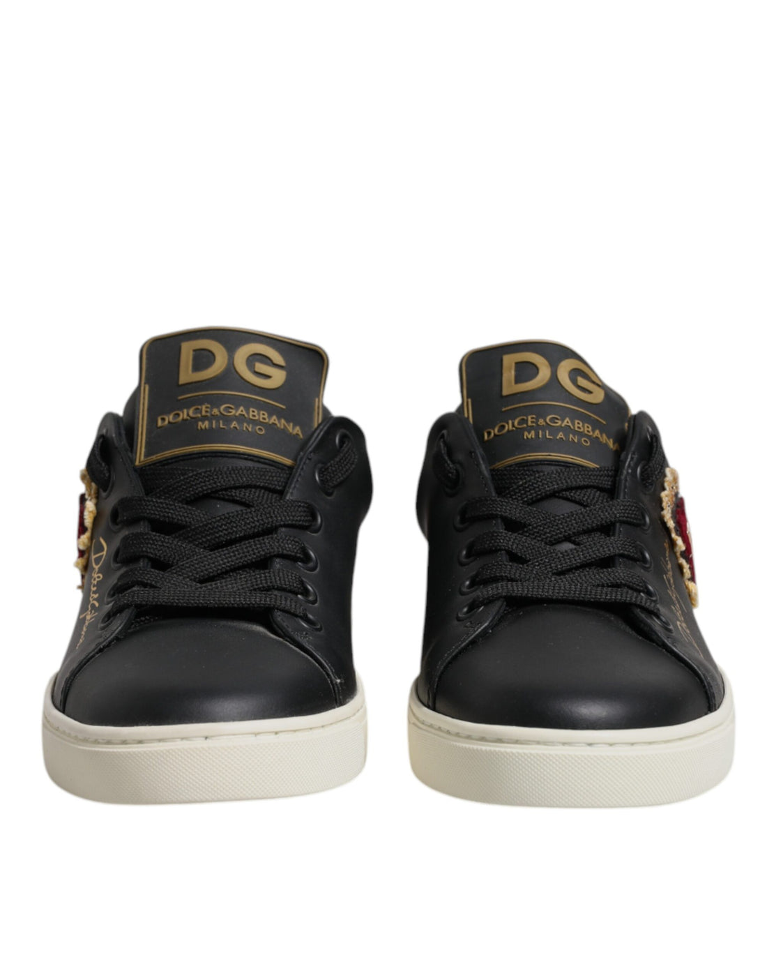 Dolce &amp; Gabbana Black Leather Gold Red Heart Sneakers Shoes