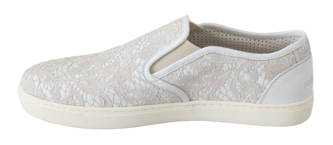 Dolce &amp; Gabbana White Leather Lace Slip On Loafers Shoes