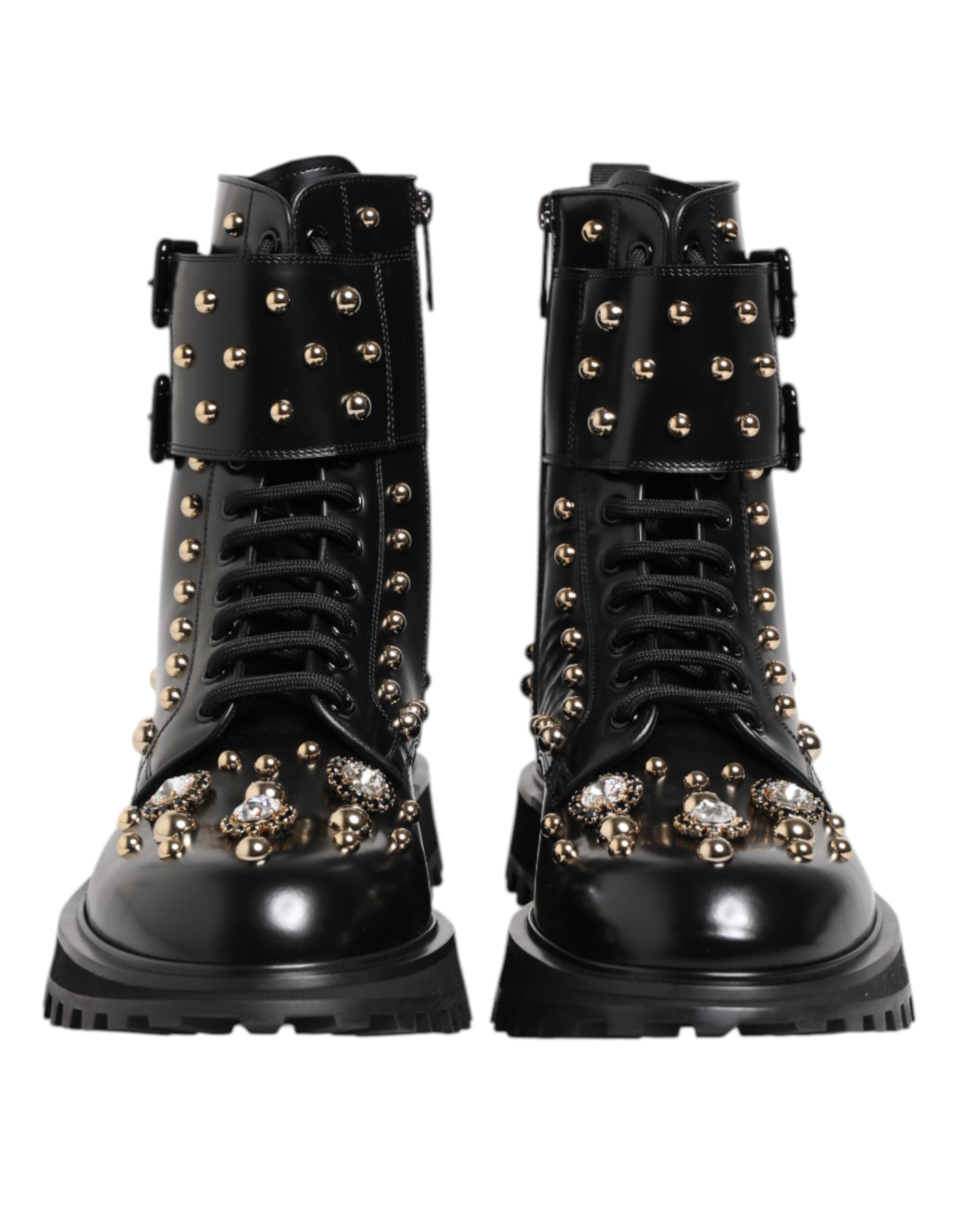 Dolce &amp; Gabbana Black Studded Lace Up Mid Calf Boots Shoes