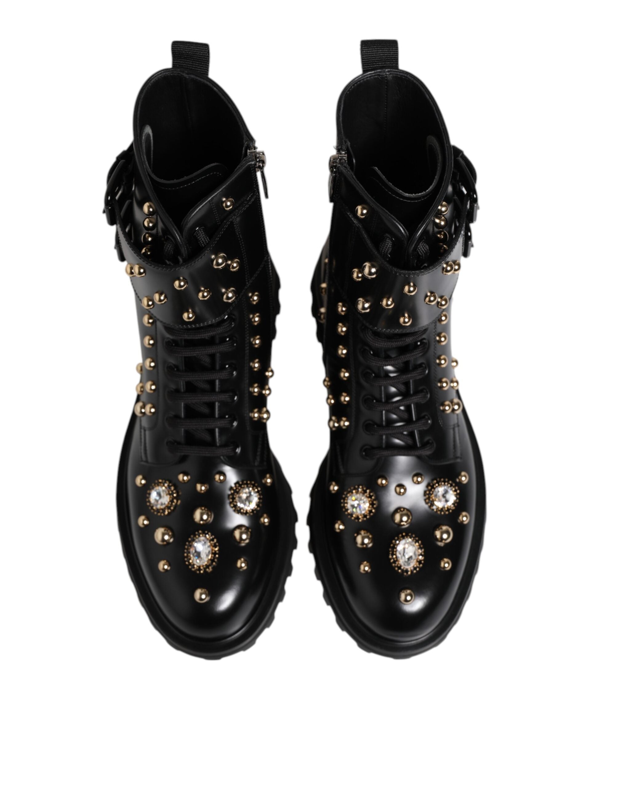 Dolce &amp; Gabbana Black Studded Lace Up Mid Calf Boots Shoes