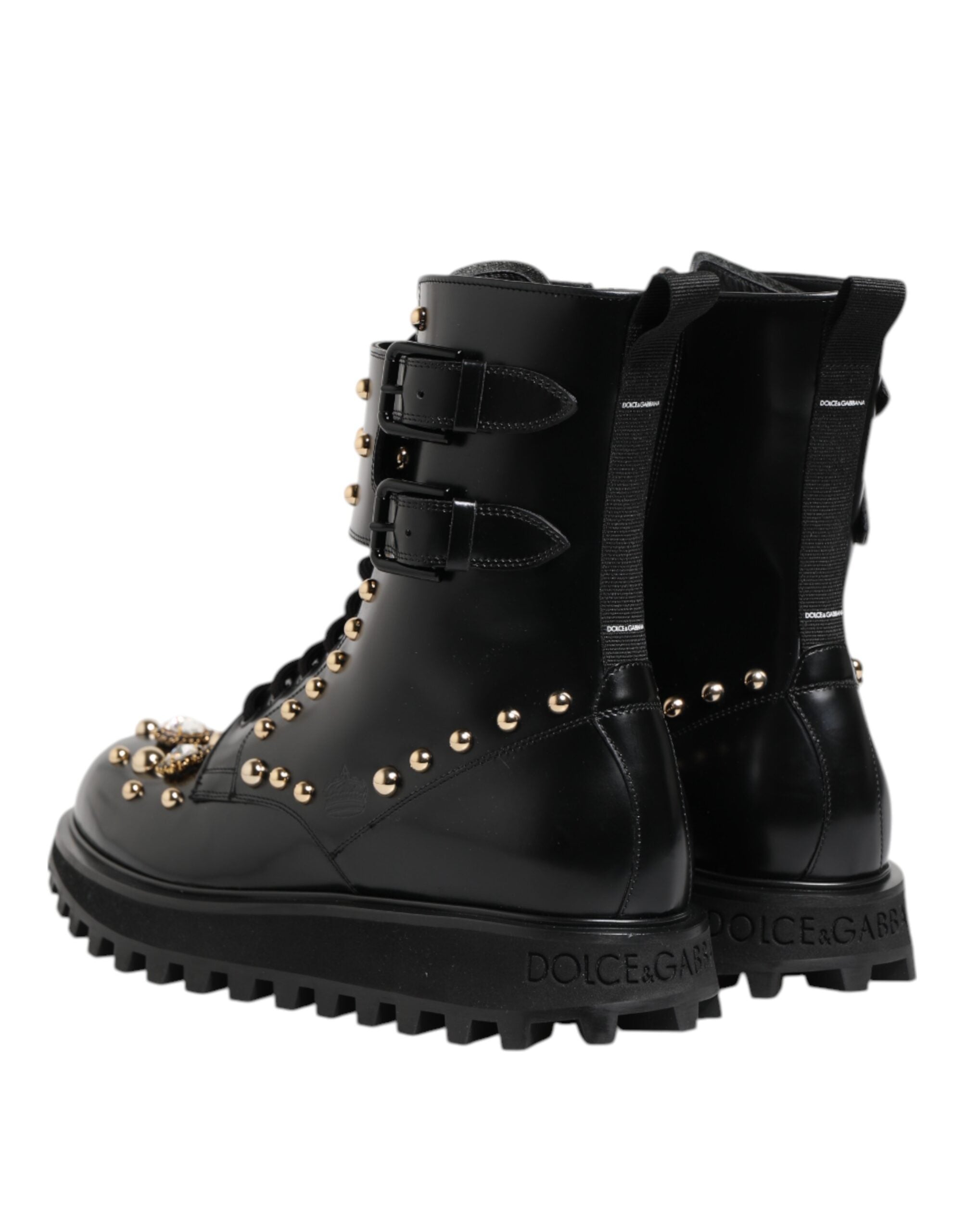 Dolce &amp; Gabbana Black Studded Lace Up Mid Calf Boots Shoes