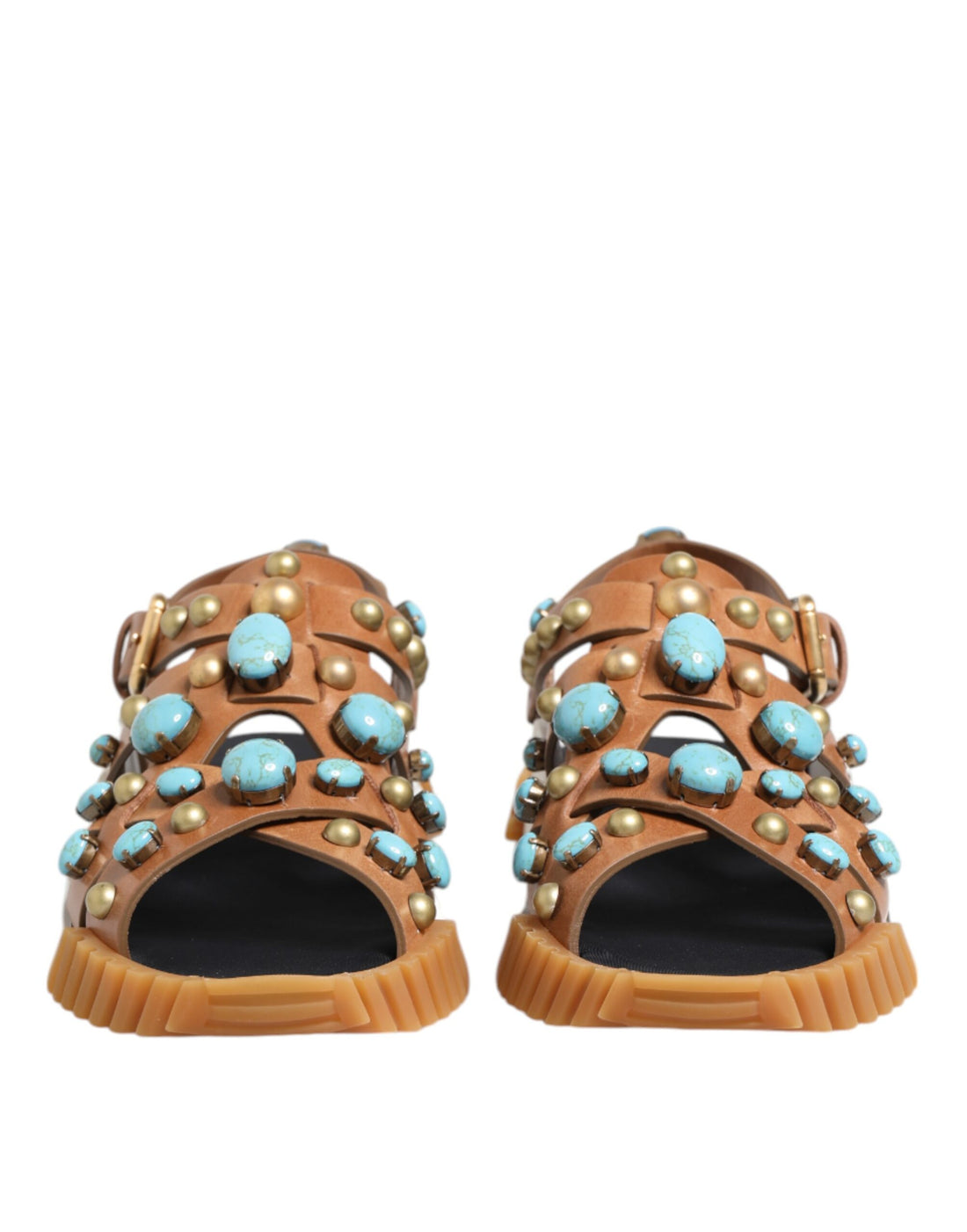Dolce &amp; Gabbana Brown Leather Studded Slides Sandals Shoes