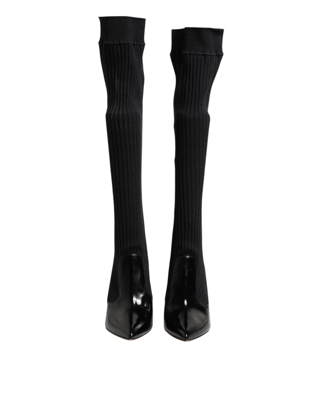 Dolce &amp; Gabbana Black Leather Ribbed Knit Knee Boots Shoes