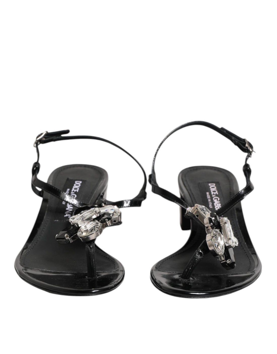 Dolce &amp; Gabbana Black Leather Crystal Ankle Strap Sandals Shoes