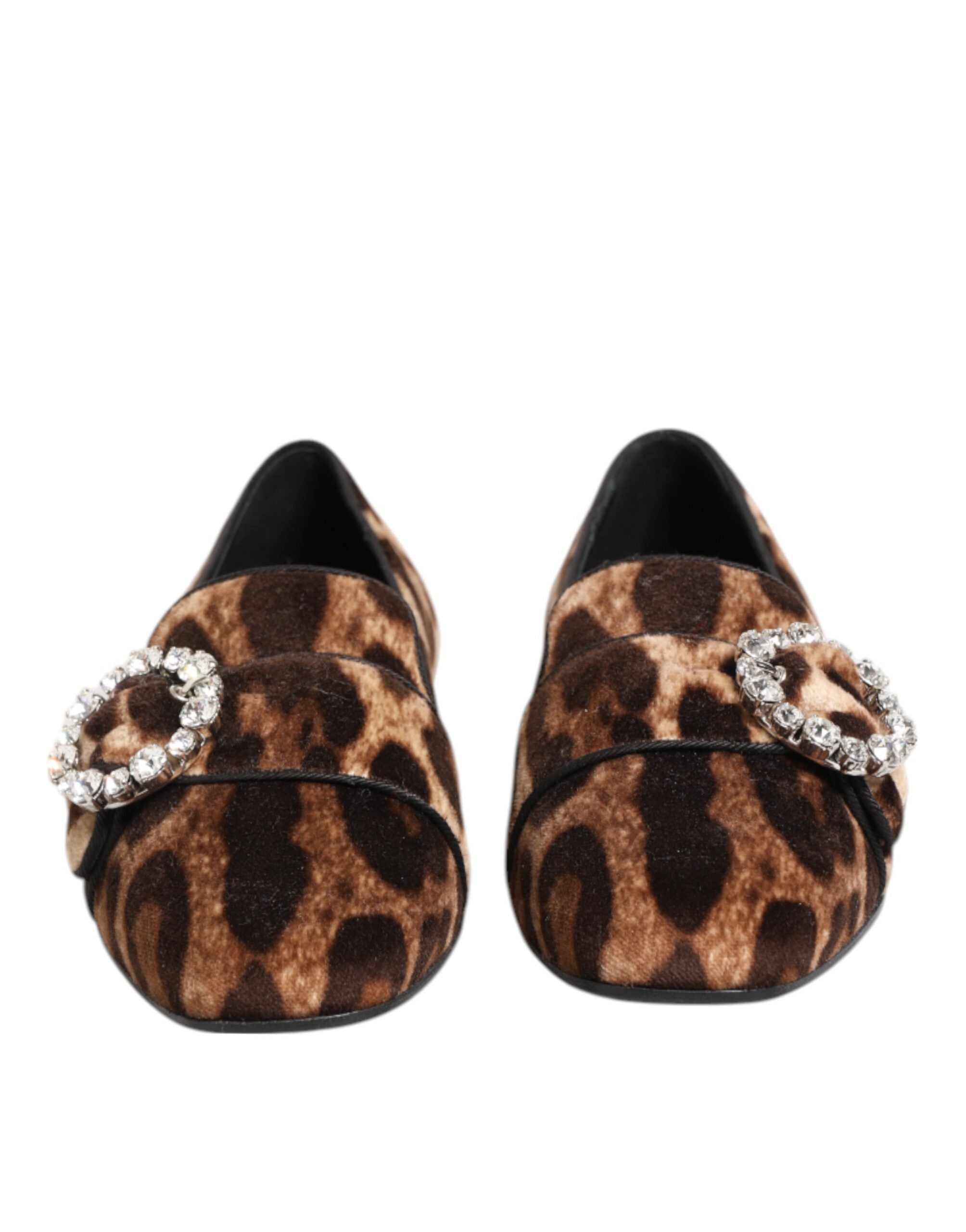 Dolce &amp; Gabbana Brown Leopard Print Crystals Loafers Flats Shoes