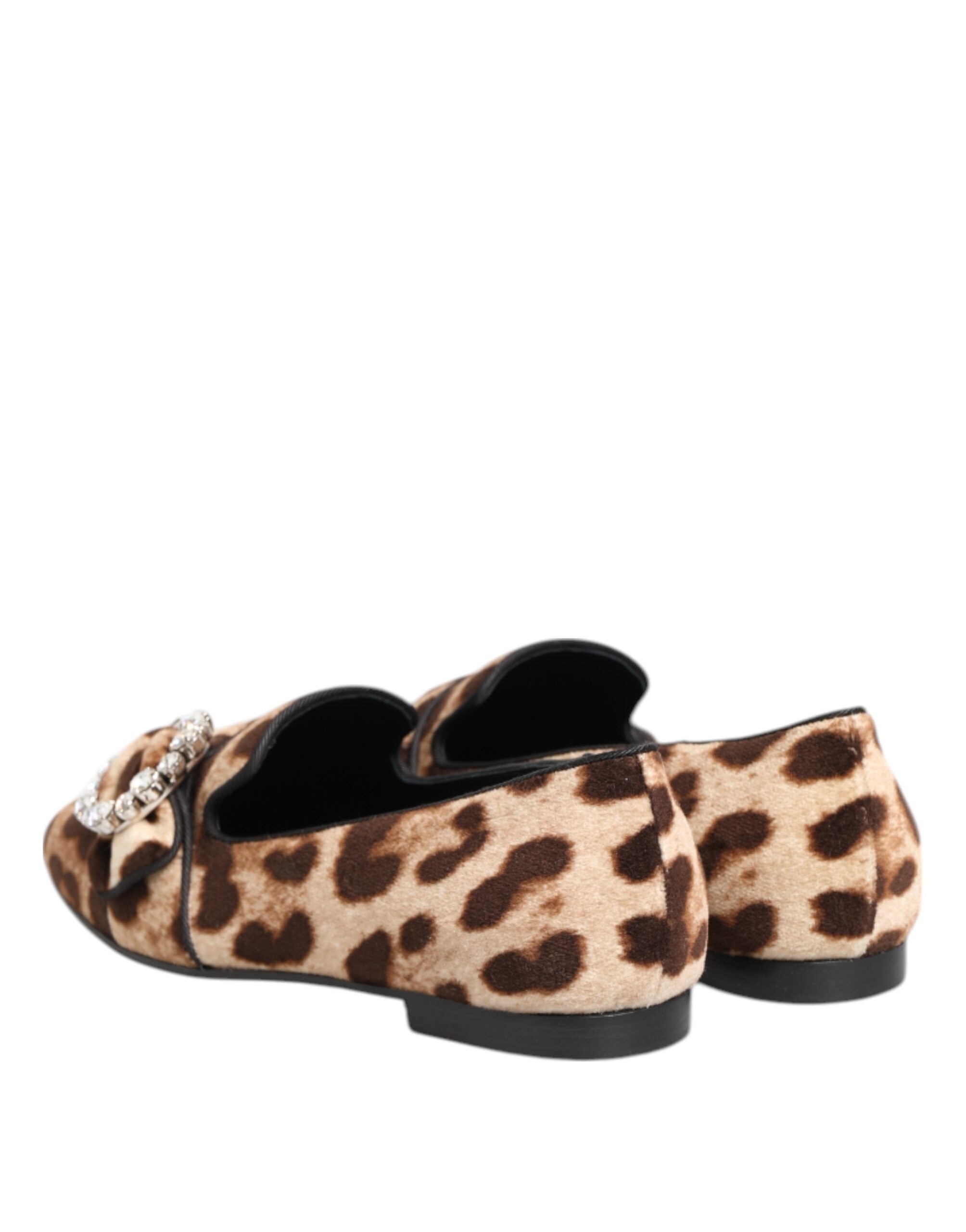 Dolce &amp; Gabbana Brown Leopard Print Crystals Loafers Flats Shoes