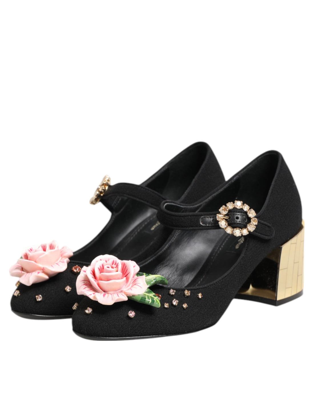 Dolce &amp; Gabbana Black Flower Crystal Embellished Mary Jane Shoes