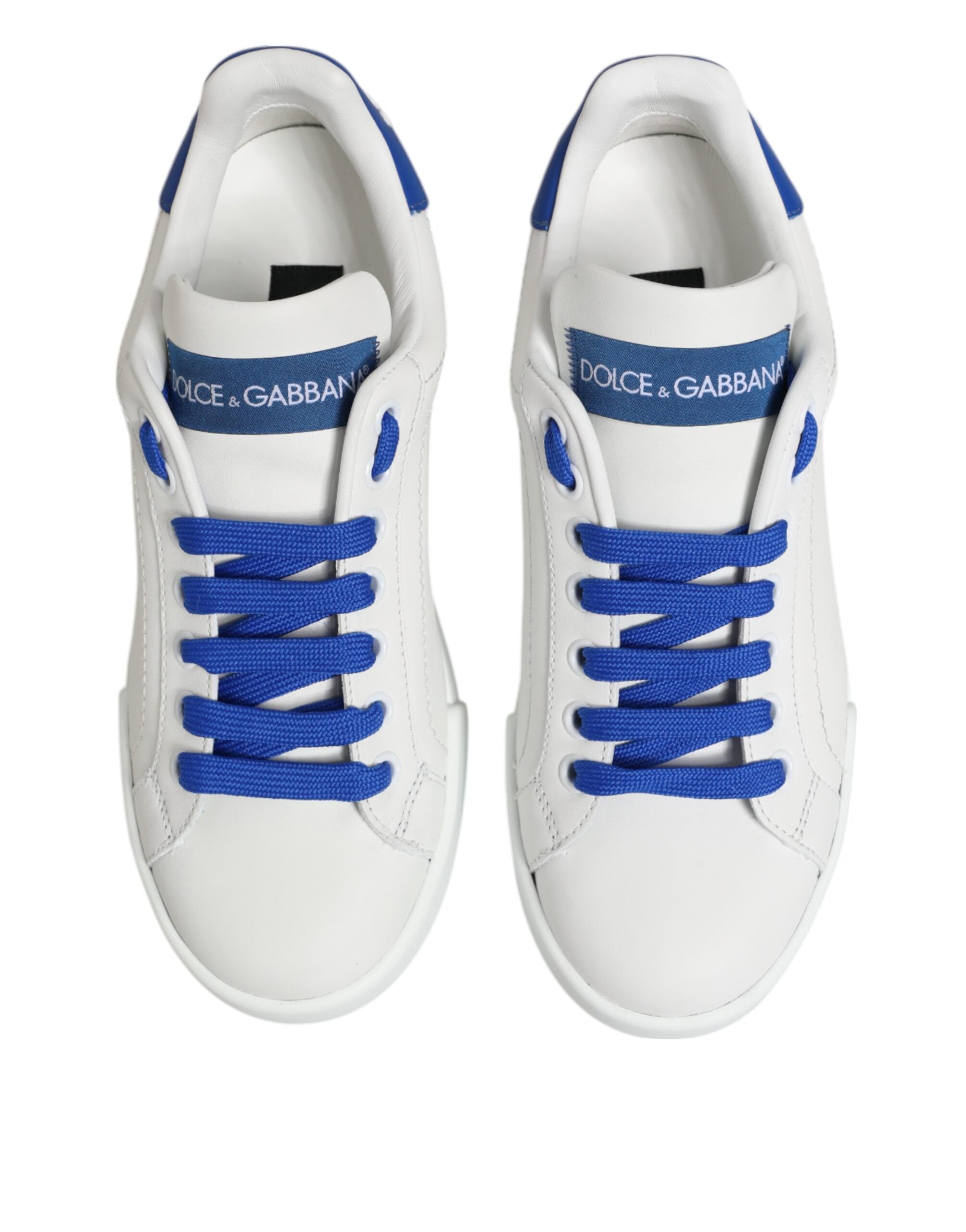 Dolce &amp; Gabbana White Blue Leather Low Top Sneakers Shoes