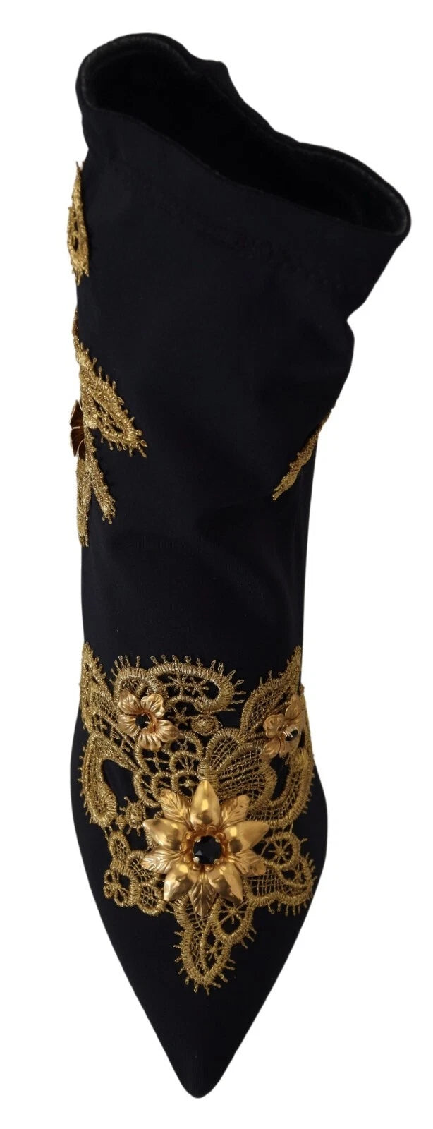 Dolce &amp; Gabbana Black Gold Embroidery Crystal Boots Shoes