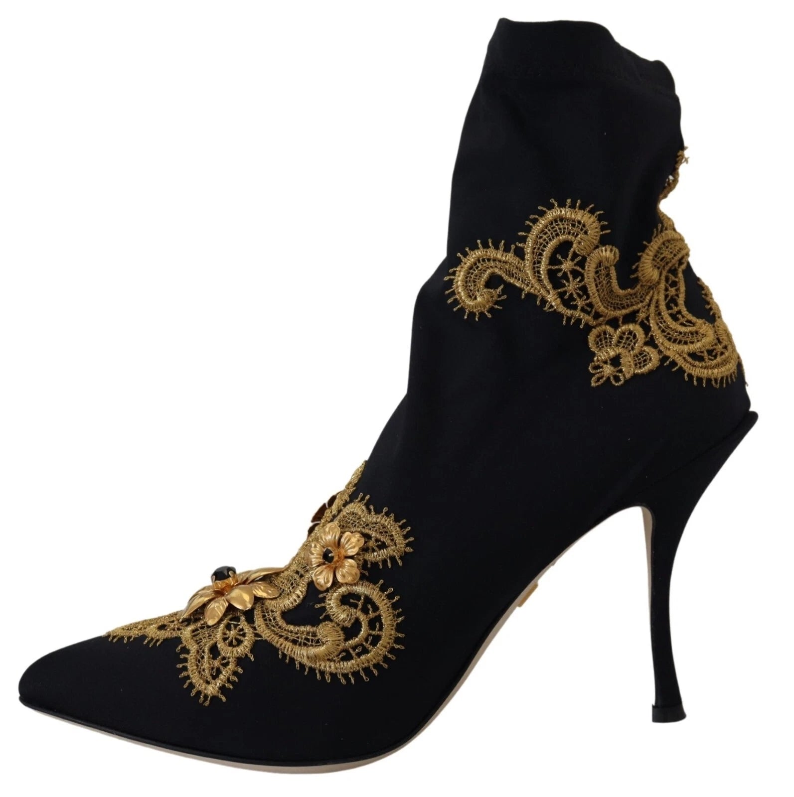 Dolce &amp; Gabbana Black Gold Embroidery Crystal Boots Shoes
