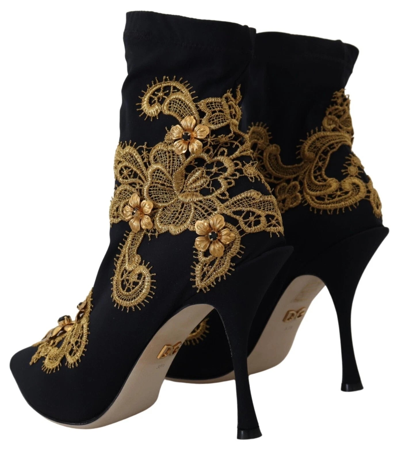 Dolce &amp; Gabbana Black Gold Embroidery Crystal Boots Shoes