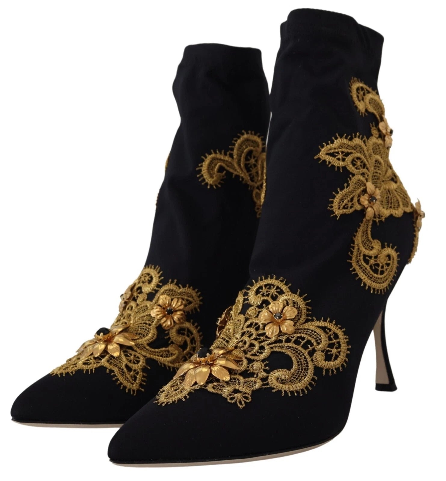 Dolce &amp; Gabbana Black Gold Embroidery Crystal Boots Shoes