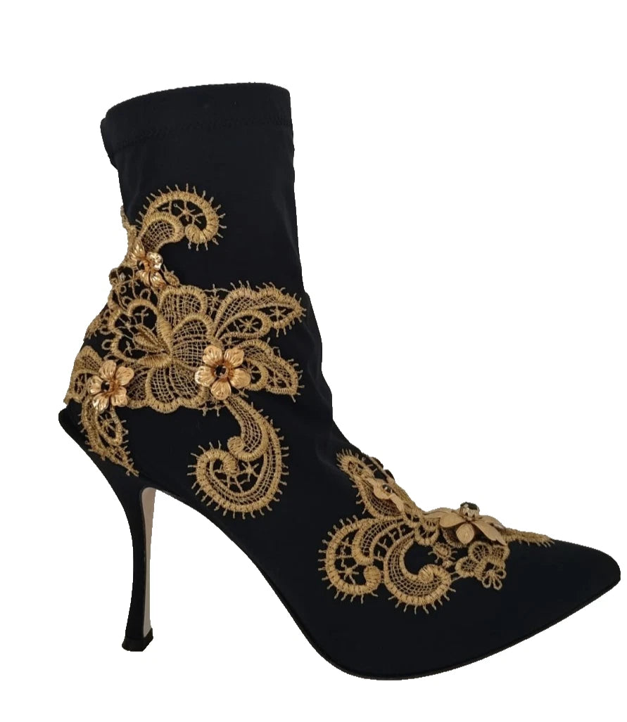 Dolce &amp; Gabbana Black Gold Embroidery Crystal Boots Shoes