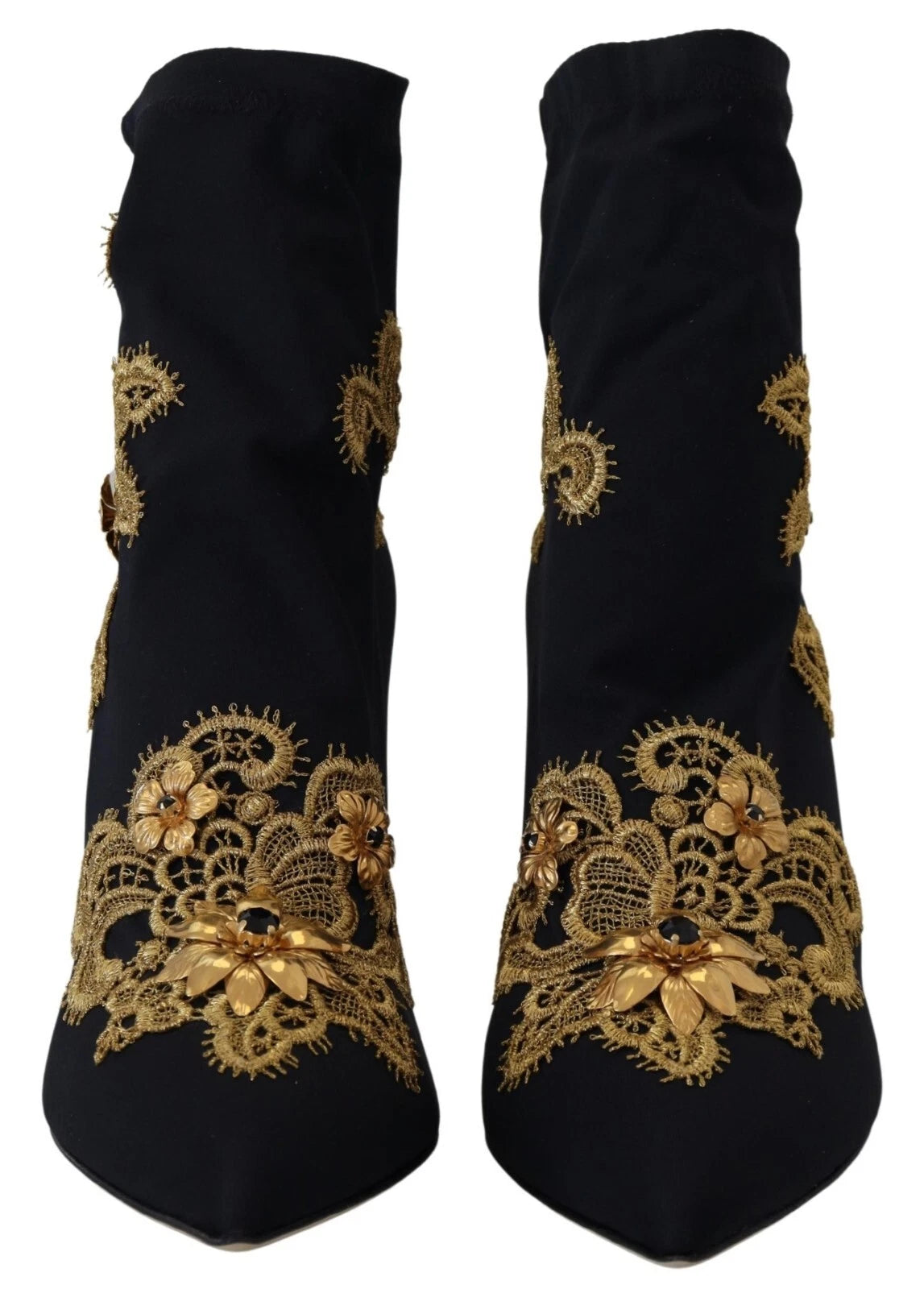 Dolce &amp; Gabbana Black Gold Embroidery Crystal Boots Shoes