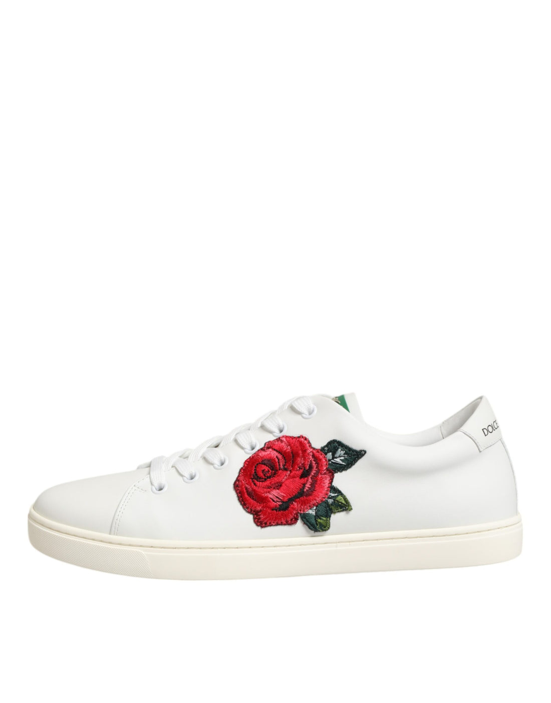 Dolce &amp; Gabbana White Leather Rose Embroidery Low-Top Shoes