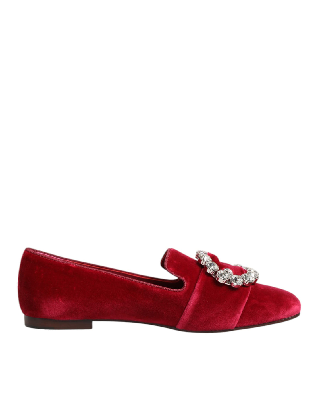 Dolce &amp; Gabbana Red Velvet Crystal Buckle Loafers Flats Shoes