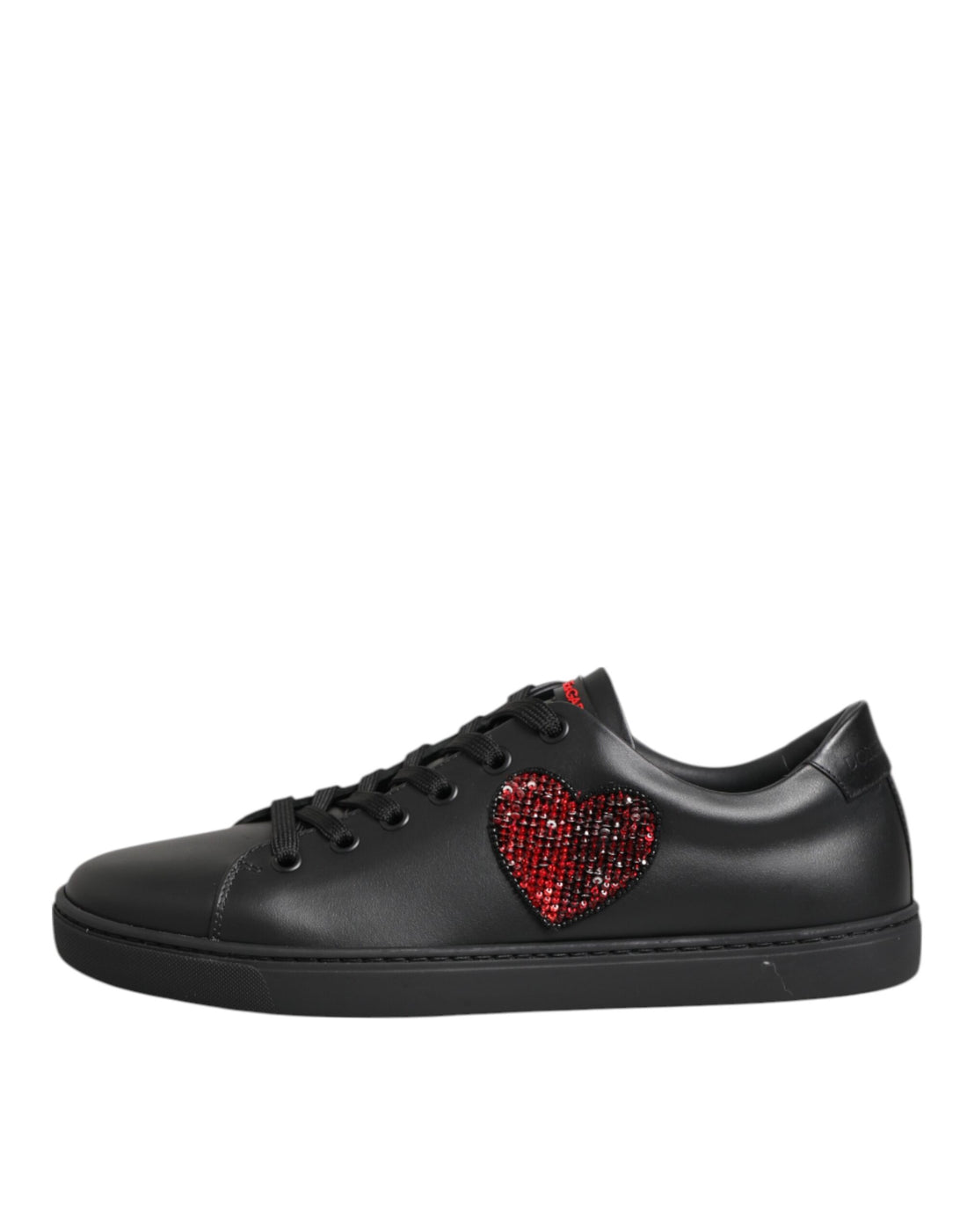Dolce &amp; Gabbana Black Leather Crystal Heart Low Top Sneakers Shoes