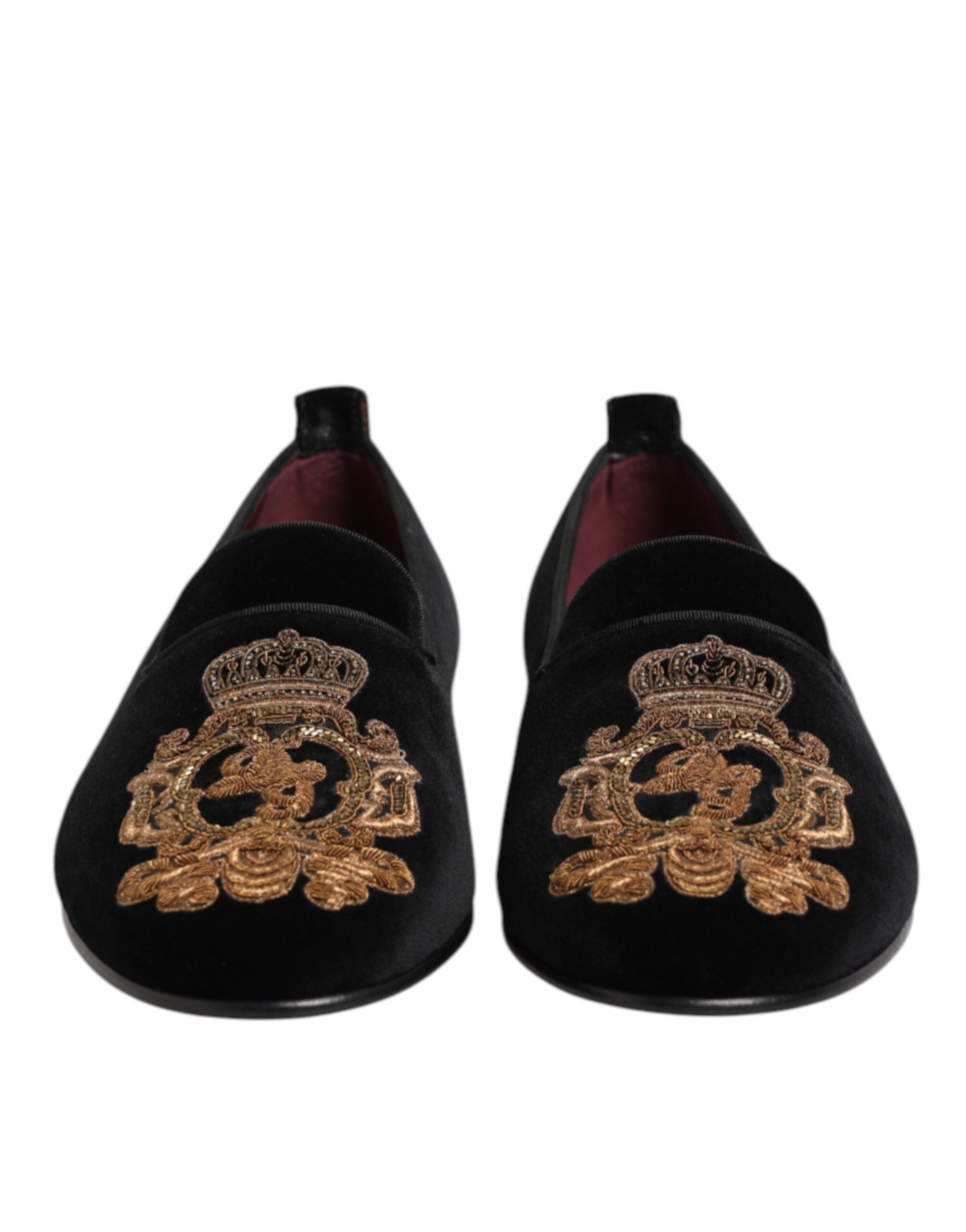 Dolce &amp; Gabbana Black Velvet Gold Crown Mens Loafers Shoes