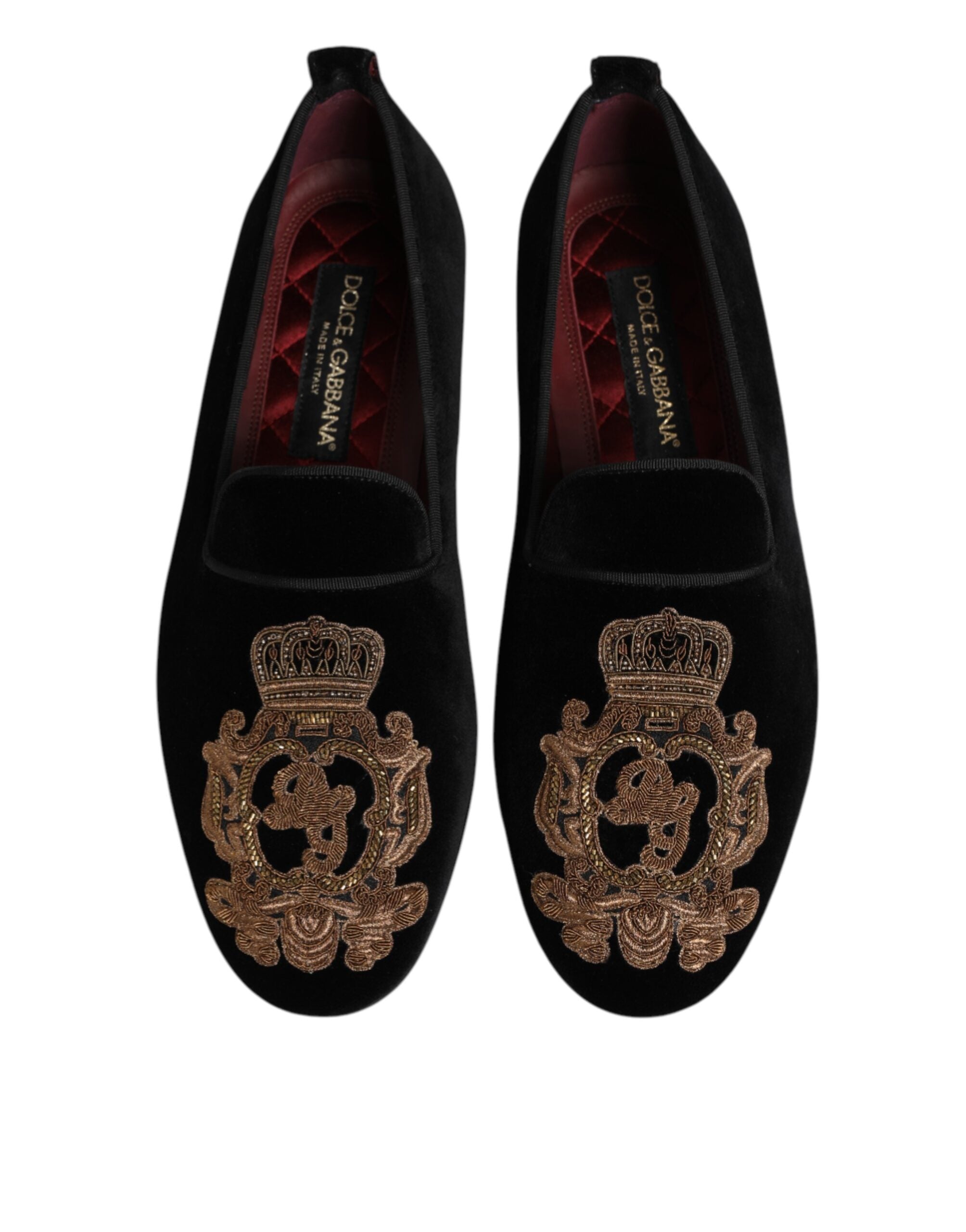 Dolce &amp; Gabbana Black Velvet Gold Crown Mens Loafers Shoes