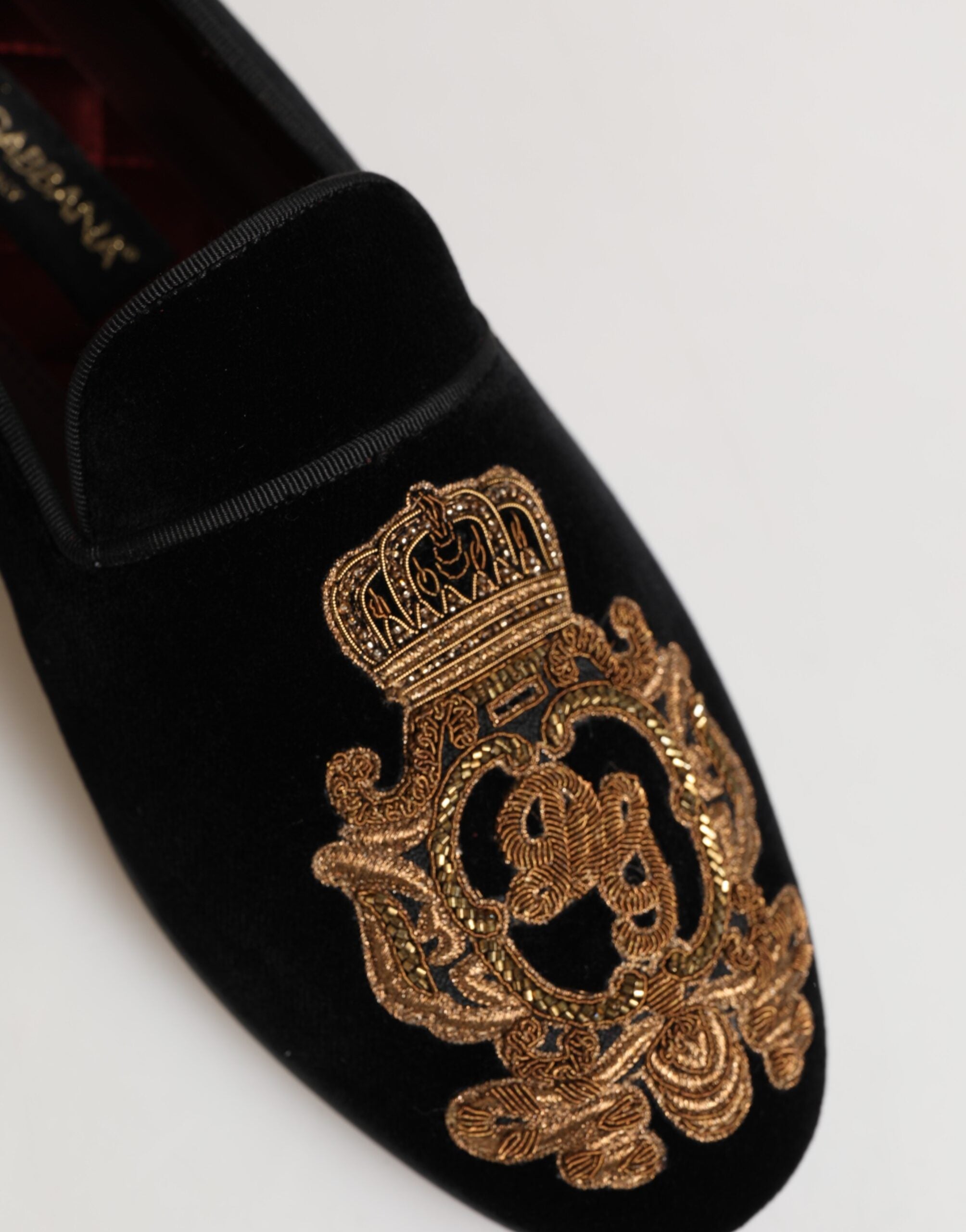 Dolce &amp; Gabbana Black Velvet Gold Crown Mens Loafers Shoes
