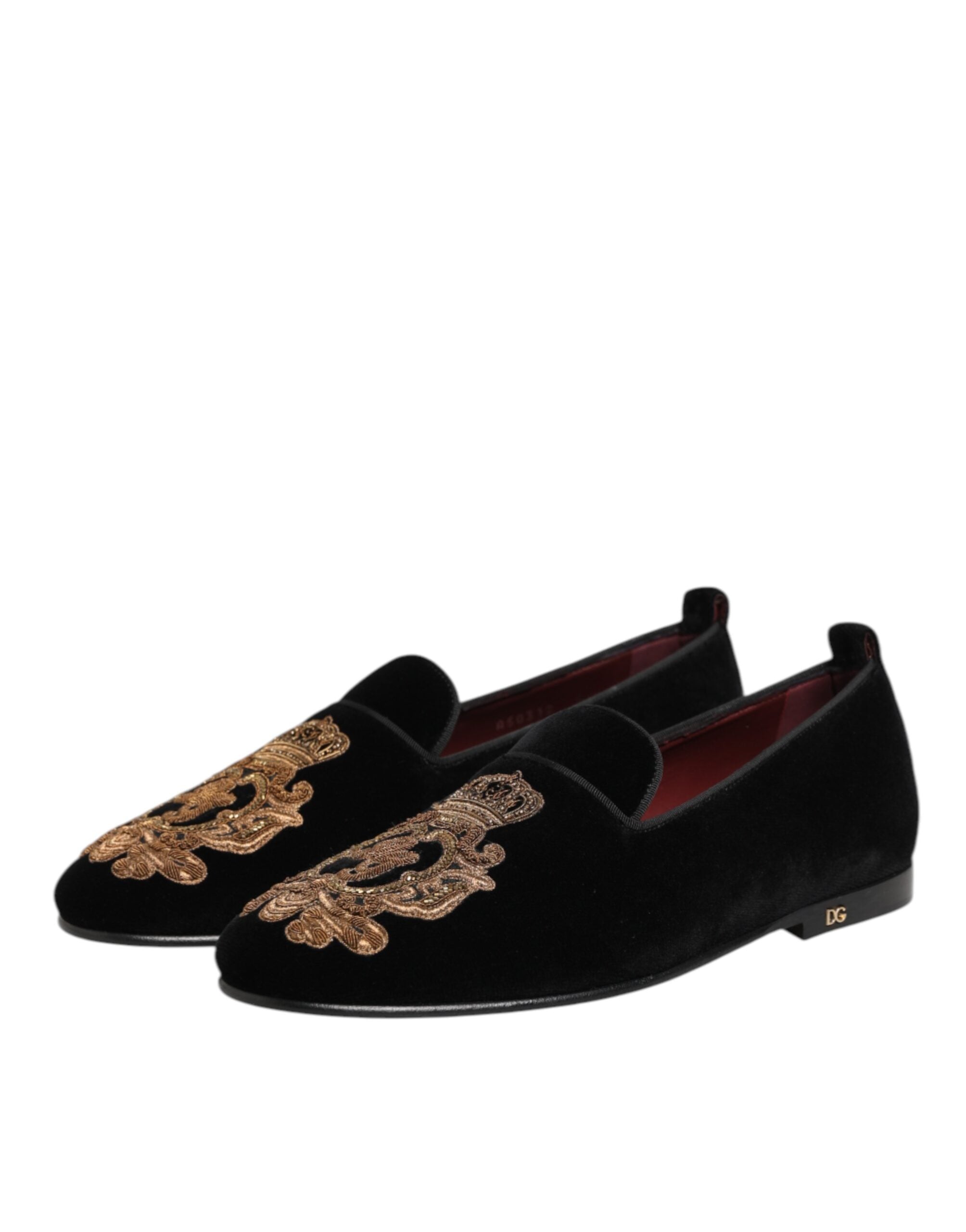 Dolce &amp; Gabbana Black Velvet Gold Crown Mens Loafers Shoes