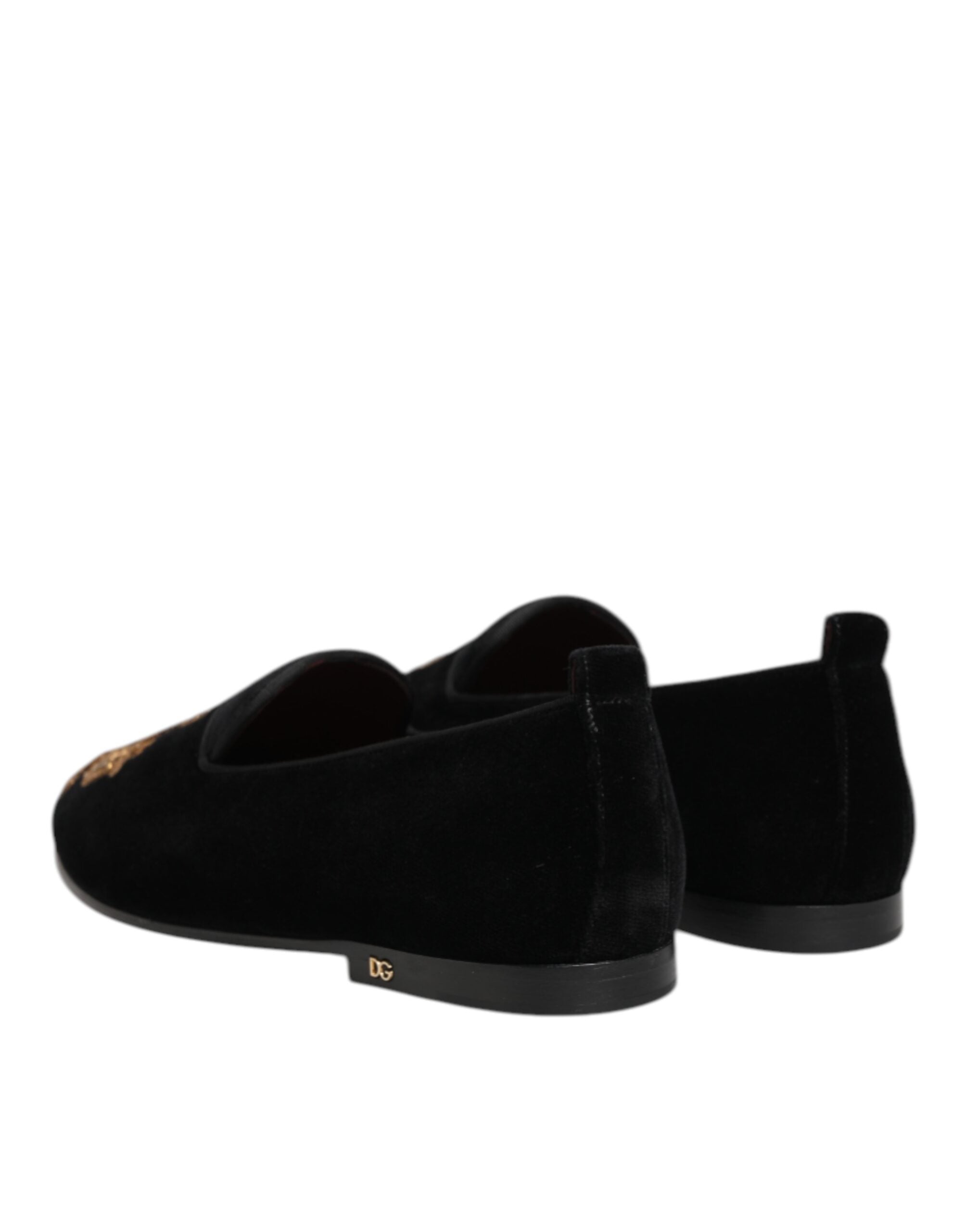Dolce &amp; Gabbana Black Velvet Gold Crown Mens Loafers Shoes