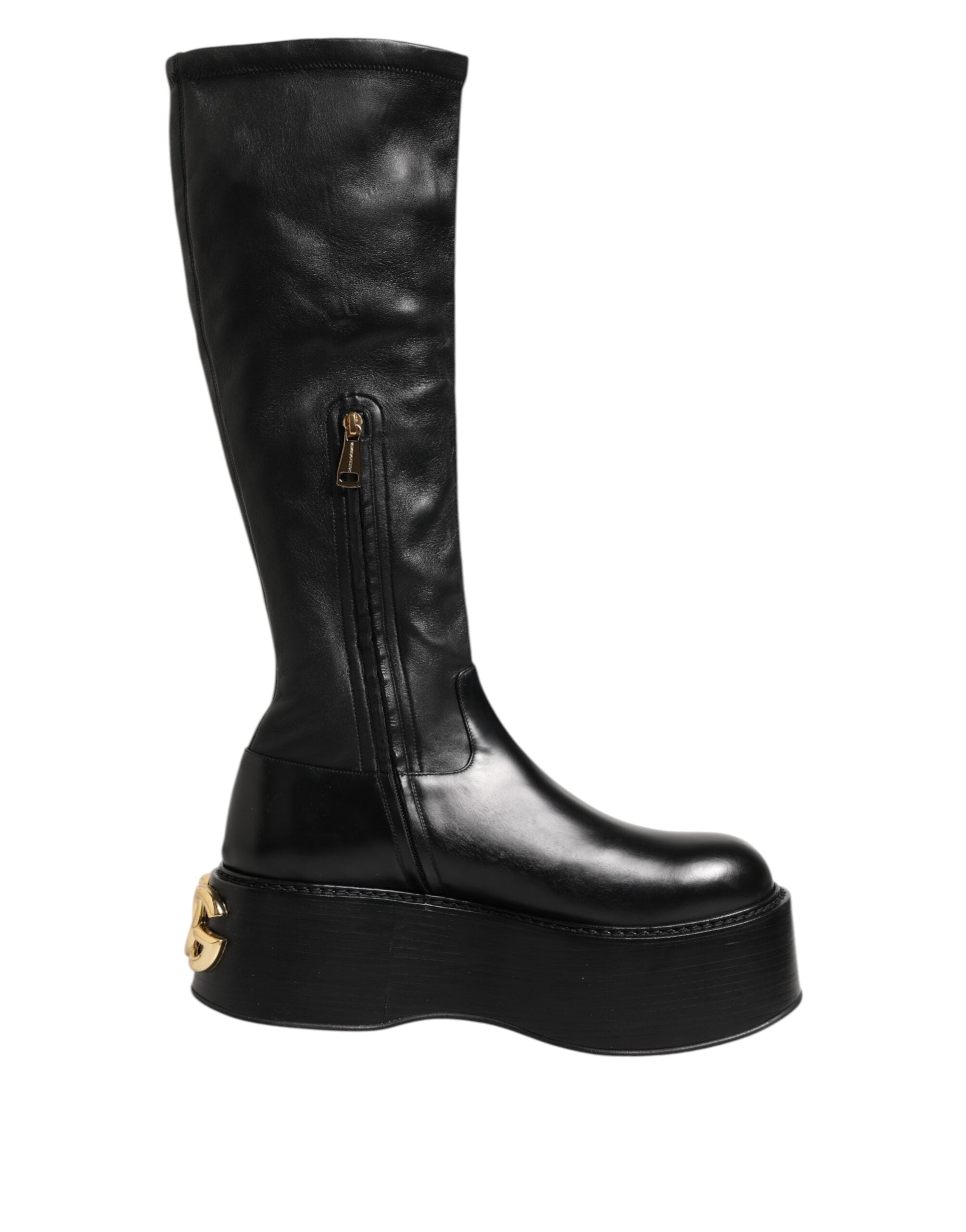 Dolce &amp; Gabbana Black Logo Plaque Over The Calf Boots Shoes