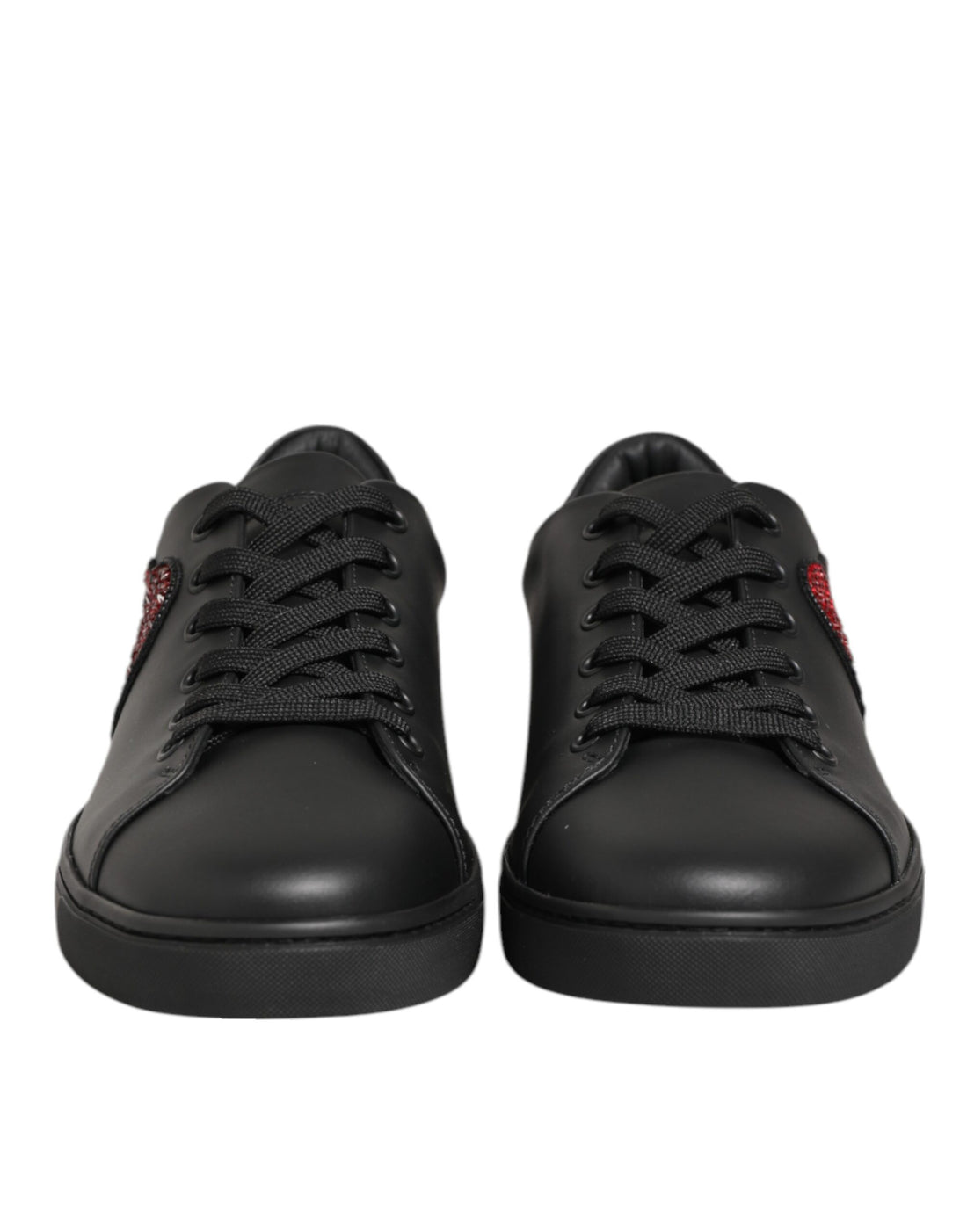 Dolce &amp; Gabbana Black Leather Crystal Heart Sneakers Shoes